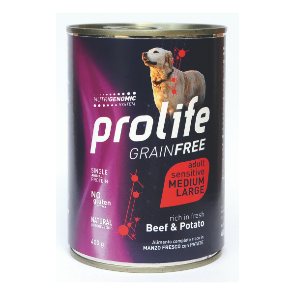 prolife dog sensitive grain free 400 gr - manzo e patate confezione da 6 pezzi cibo umido per cani uomo