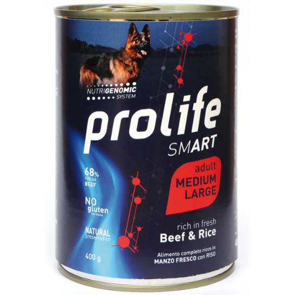 Image of Prolife Smart Umido Cane Adult Medium/Large 400 gr - Manzo e Riso Confezione da 6 pezzi Cibo Umido per Cani