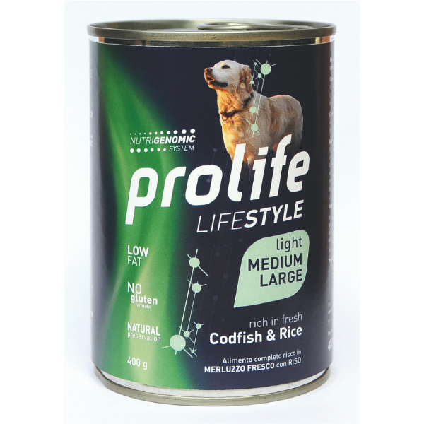 Image of Prolife Lifestyle Umido Cane Medium/Large 400 gr - Light Merluzzo fresco e Riso Confezione da 6 pezzi Cibo Umido per Cani