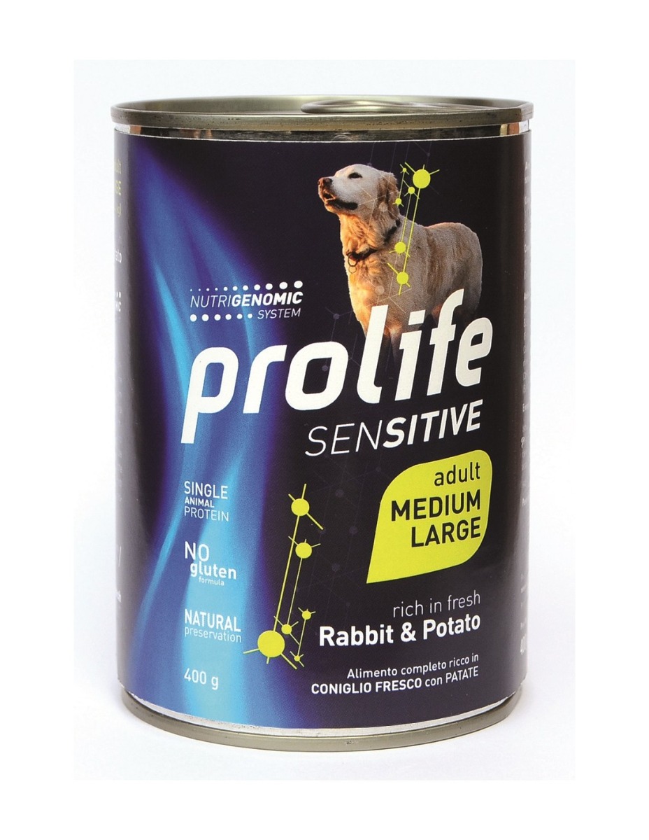 Image of Prolife Sensitive Umido Cane Medium/Large 400 gr - Coniglio e Patate M/L Confezione da 6 pezzi Monoproteico crocchette cani Cibo Umido per Cani