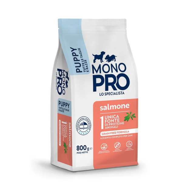 Monopro lo specialista Puppy All Breeds Grain Free Salmone - 800 gr - Crocchette Monoproteiche Cane - 1° ORDINE? scegli lo sconto BZR5 / BZR20 + 200 punti fedeltà