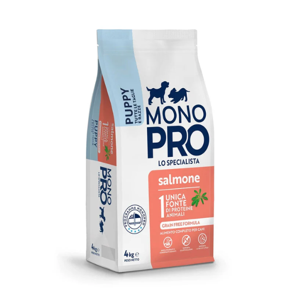 Monopro lo specialista Puppy All Breeds Grain Free Salmone - 4 Kg - Crocchette Monoproteiche Cane - 1° ORDINE? scegli lo sconto BZR5 / BZR20 + 200 punti fedeltà