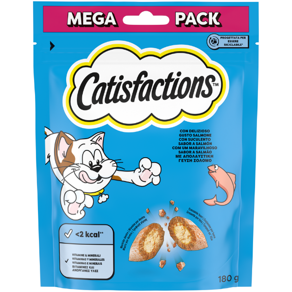 Catisfactions snack per gatti Maxi Pack 180 gr - Salmone - 1° ORDINE? scegli lo sconto BZR5 / BZR20 + 200 punti fedeltà