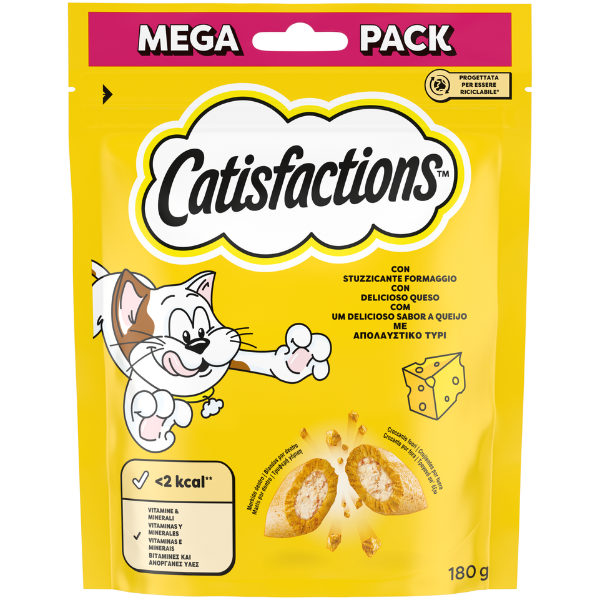 Catisfactions snack per gatti Maxi Pack 180 gr - Formaggio - 1° ORDINE? scegli lo sconto BZR5 / BZR20 + 200 punti fedeltà