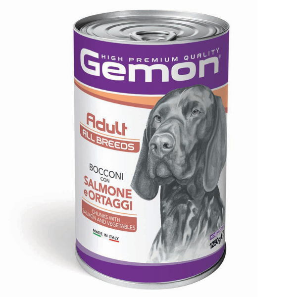 Monge Gemon Dog Adult All Breeds Bocconi 1,25 Kg - Salmone e ortaggi - Confezione da 6 pezzi - Cibo Umido per Cani - 1° ORDINE? scegli lo sconto BZR5 / BZR20 + 200 punti fedeltà