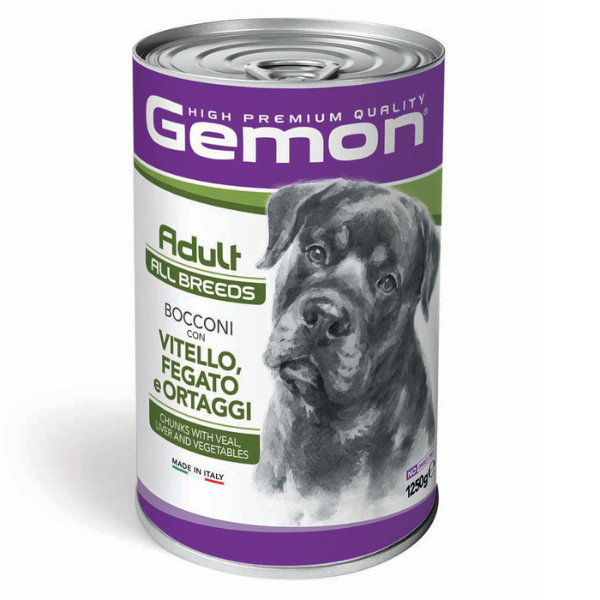 Monge Gemon Dog Adult All Breeds Bocconi 1,25 Kg - Vitello, fegato e ortaggi - Confezione da 6 pezzi - Cibo Umido per Cani - 1° ORDINE? scegli lo sconto BZR5 / BZR20 + 200 punti fedeltà