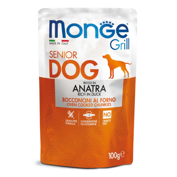 Monge Grill Senior Grain Free bocconcini 100 gr - Anatra - Confezione da 24 pezzi - Cibo Umido per Cani - 1° ORDINE? scegli lo sconto BZR5 / BZR20 + 200 punti fedeltà