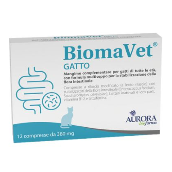 Aurora Biofarma Biomavet Gatto compresse per la stabilizzazione della flora intestinale - 380 mg - 12 compresse - 1° ORDINE? scegli lo sconto BZR5 / BZR20 + 200 punti fedeltà- Integratori per gatti