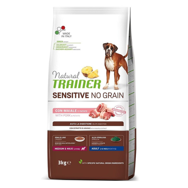 Natural Trainer Sensitive No Grain medium & maxi al maiale e patate - 3 Kg - 1° ORDINE? scegli lo sconto BZR5 / BZR20 + 200 punti fedeltà
