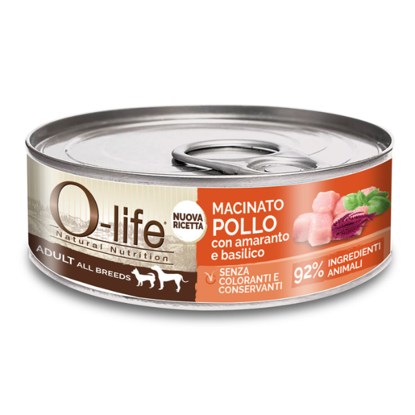 O-life Dog Adult All Breeds Macinato 85 gr - Pollo con amaranto e basilico - Confezione da 6 pezzi - Cibo Umido per Cani - 1° ORDINE? scegli lo sconto BZR5 / BZR20 + 200 punti fedeltà
