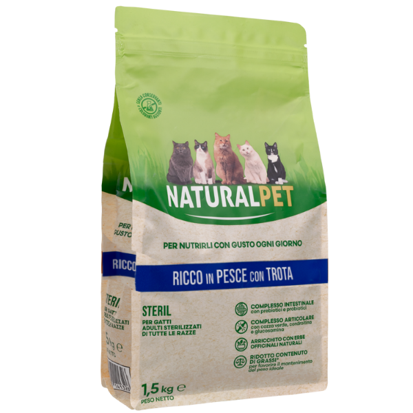 NaturalPet Cat Sterilised Trota - 1,5 Kg - Crocchette naturali cane - 1° ORDINE? scegli lo sconto BZR5 / BZR20 + 200 punti fedeltà