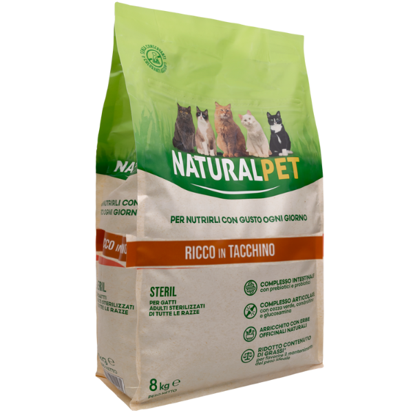 NaturalPet Cat Sterilised Tacchino - 8 Kg - Crocchette naturali cane - 1° ORDINE? scegli lo sconto BZR5 / BZR20 + 200 punti fedeltà