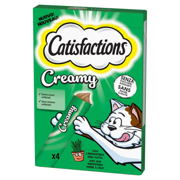 Catisfaction Dreamies Creamy snack per gatti 4x10 gr - Erba gatta - 1° ORDINE? scegli lo sconto BZR5 / BZR20 + 200 punti fedeltà
