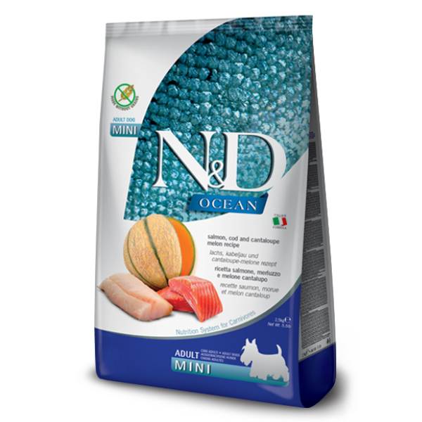 Farmina N&D Ocean Canine Adult Mini Salmone, Merluzzo e melone cantalupo - 2,5 Kg - 1° ORDINE? scegli lo sconto BZR5 / BZR20 + 200 punti fedeltà