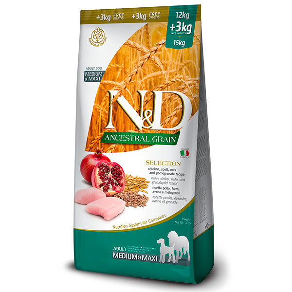 Farmina N&D Ancestral Grain Adult Selection Medium/Maxi Pollo, avena e melograno - 12+3 Kg - Croccantini per cani - 1° ORDINE? scegli lo sconto BZR5 / BZR20 + 200 punti fedeltà