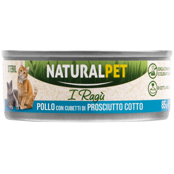 NaturalPet Cat Adult Deliziosi Ragù di carne 85 gr - Pollo con cubetti di prosciutto cotto - Confezione da 6 pezzi - 1° ORDINE? scegli tra BZR5 / BZR20 + 200 pt fedeltà