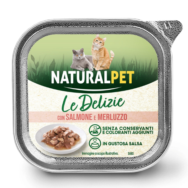 NaturalPet Cat Adult Le Delizie bocconcini in gustosa salsa 85 gr - Salmone e merluzzo - Confezione da 6 pezzi - 1° ORDINE? scegli tra BZR5 / BZR20 + 200 pt fedeltà