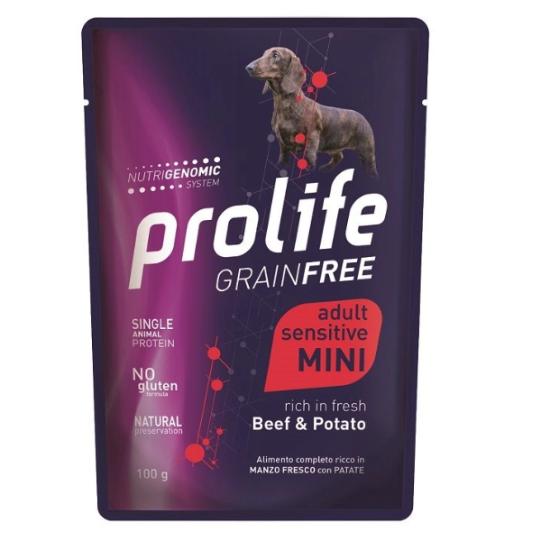 Prolife Grain Free Dog Mini 100 gr - Manzo e patate - Confezione da 10 pezzi - Cibo Umido per Cani