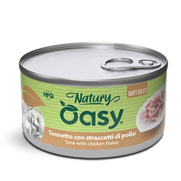 Oasy Natury Cat Adult Soft Jelly 85 gr - Tonnetto con straccetti di pollo - Confezione da 24 pezzi - Cibo umido per gatti