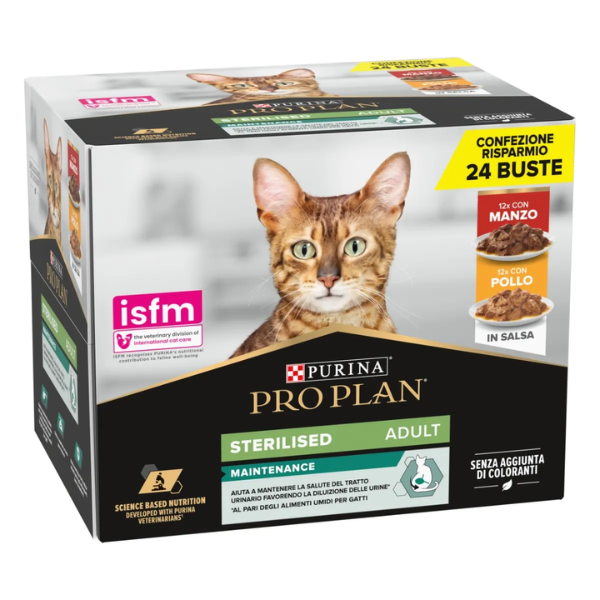 Purina Pro Plan Cat Adult Sterilised Maintenance Multipack in salsa 24x85g - 12x Manzo - 12x Pollo - 1° ORDINE? scegli lo sconto BZR5 / BZR20 + 200 punti fedeltà