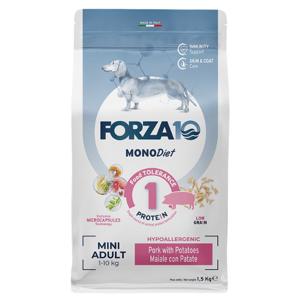 Forza10 MonoDiet Mini Adult Low Grain Hypoallergenic Maiale con patate - 1,5 Kg - 1° ORDINE? scegli lo sconto BZR5 / BZR20 + 200 punti fedeltà