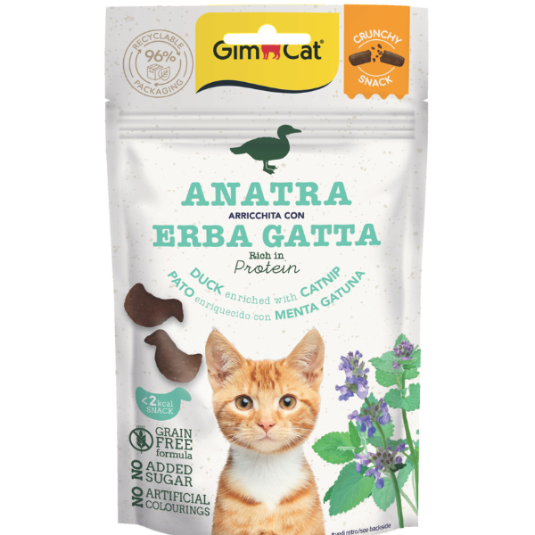 GimCat Crunchy Snack per gatti Grain Free 50 gr - Anatra arricchita con erba gatta - 1° ORDINE? scegli lo sconto BZR5 / BZR20 + 200 punti fedeltà