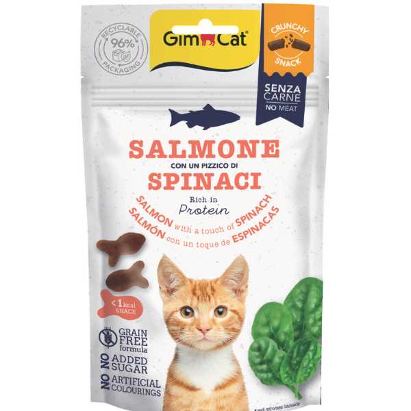 GimCat Crunchy Snack per gatti Grain Free 50 gr - Salmone con un pizzico di spinaci - 1° ORDINE? scegli lo sconto BZR5 / BZR20 + 200 punti fedeltà