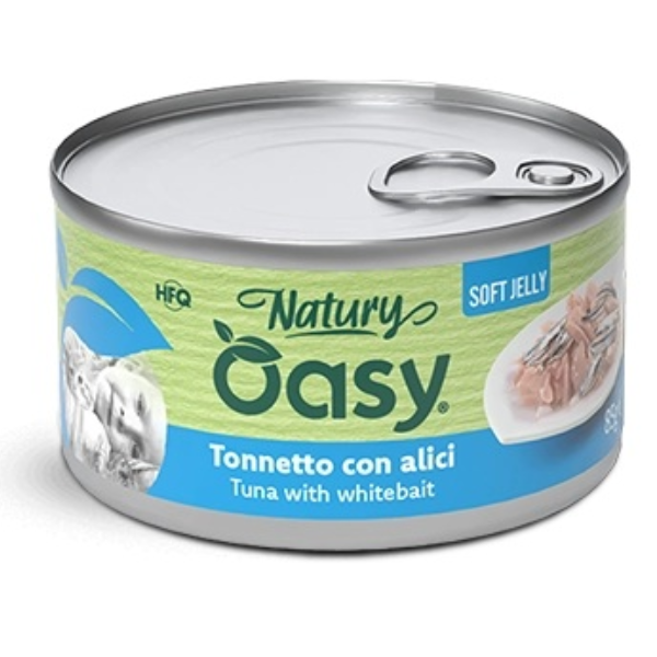 Oasy Natury Cat Adult Soft Jelly 85 gr - tonnetto con alici - Confezione da 24 pezzi - Cibo umido per gatti