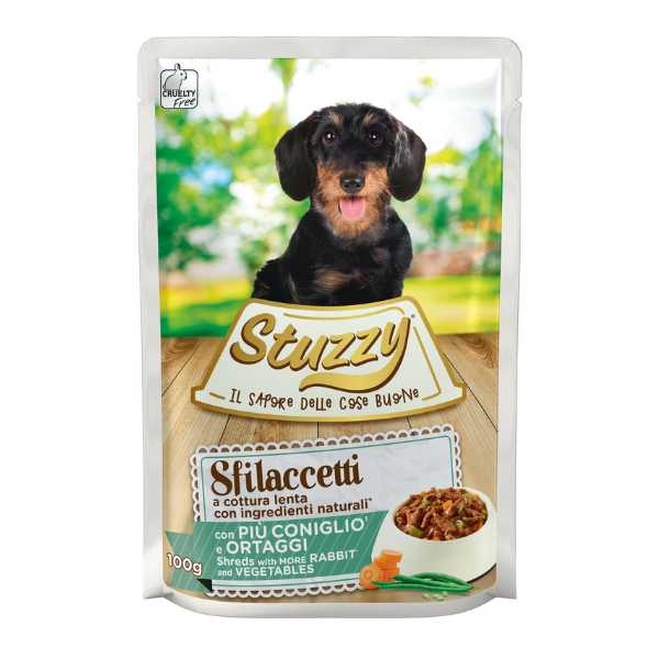 Image of Stuzzy Dog Sfilaccetti a cottura lenta 100 gr - Coniglio e Ortaggi Confezione da 24 pezzi Cibo Umido per Cani