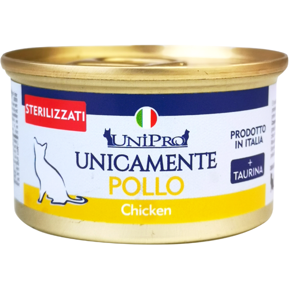 Image of Unipro Unicamente Cat Adult Sterilised 85 gr - Monoproteico Pollo Confezione da 24 pezzi Cibo umido per gatti