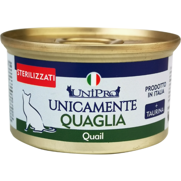 Image of Unipro Unicamente Cat Adult Sterilised 85 gr - Monoproteico Quaglia Confezione da 24 pezzi Cibo umido per gatti