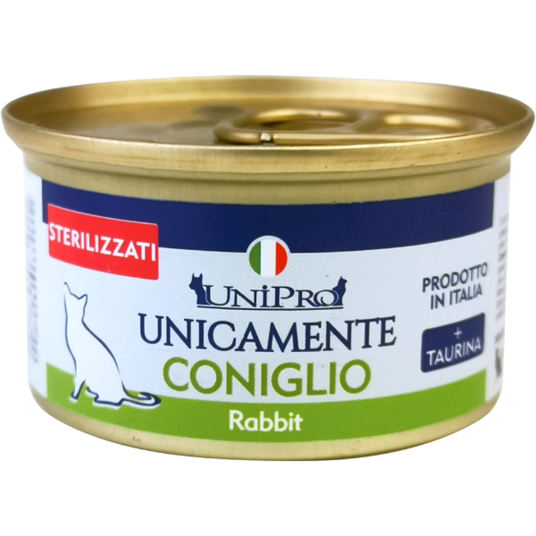 Image of Unipro Unicamente Sterilizzato 85 gr - Monoproteico Coniglio Confezione da 24 pezzi Cibo umido per gatti