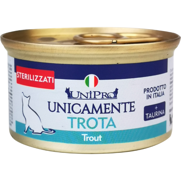 Image of Unipro Unicamente Cat Adult Sterilised 85 gr - Monoproteico Trota Confezione da 24 pezzi Cibo umido per gatti