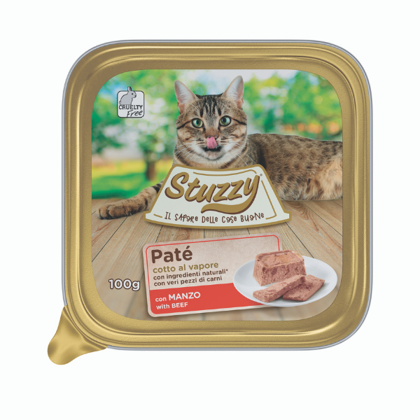 Image of Stuzzy Cat Patè cotto al vapore per Gatti 100 gr - Manzo Confezione da 32 pezzi Cibo umido per gatti