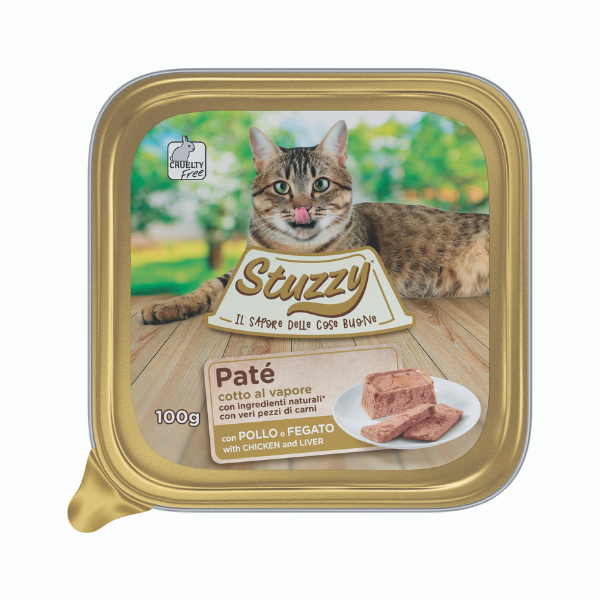 Image of Stuzzy Cat Patè cotto al vapore per Gatti 100 gr - Pollo e Fegato Confezione da 32 pezzi Cibo umido per gatti