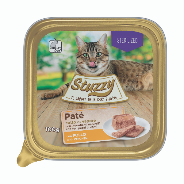 Image of Stuzzy Cat Patè cotto al vapore per Gatti 100 gr - Sterilized con Pollo Confezione da 32 pezzi Cibo umido per gatti