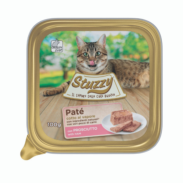 Image of Stuzzy Cat Patè cotto al vapore per Gatti 100 gr - Prosciutto Confezione da 32 pezzi Cibo umido per gatti