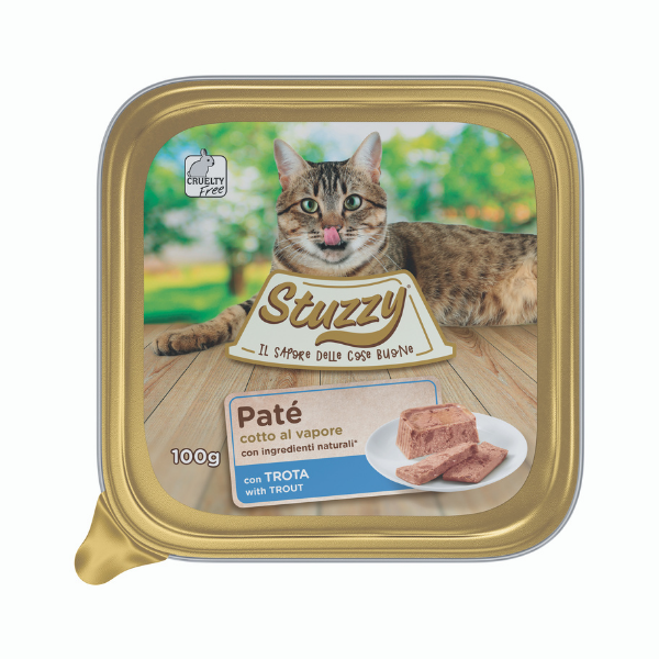 Image of Stuzzy Cat Patè cotto al vapore per Gatti 100 gr - Trota Confezione da 32 pezzi Cibo umido per gatti