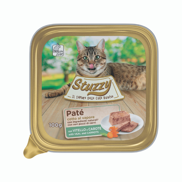 Image of Stuzzy Cat Patè cotto al vapore per Gatti 100 gr - Vitello e Carote Confezione da 32 pezzi Cibo umido per gatti