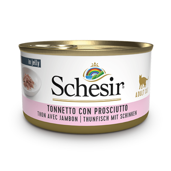 Image of Schesir Cat Adult in Jelly 85 gr - Tonnetto con Prosciutto Confezione da 6 pezzi Cibo umido per gatti