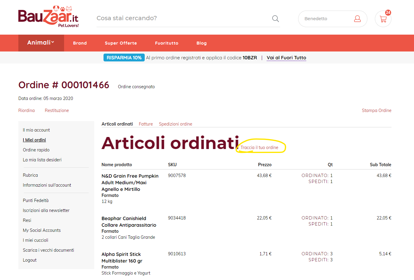 Tracciare ordine Bauzaar
